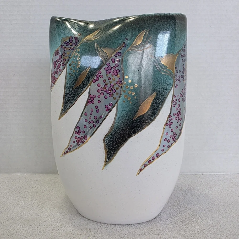Jordi Serra Porcelain Vase MCM Signed On Base Green Gold Glazed‎